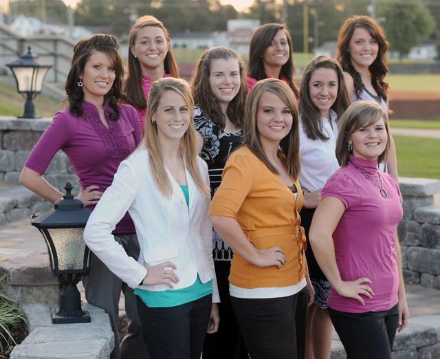 Campbellsville University’s Homecoming court candidates for 2009 include from left: Front Row -- Lindsey Skaggs, a sophomore from Cecilia, Ky., representing the Honors Program; Lauren Shrader, a senior from West Chester, Ohio, representing Fellowship of Christian Athletes (FCA); and Amy Etherington, a junior from Versailles, Ky., representing Sigma Zeta. Second Row -- Kelsey Best, a freshman from Harrodsburg, Ky., who will serve as freshman attendant; Emily Dunston, a senior from Williamsburg, Ky., representing Kentucky Education Association Student Program (KEA-SP); and Maggie Argenbright, a senior from Lebanon Junction, Ky., representing Baptist Campus Ministry (BCM). Back Row -- Jenna Bender, a junior from Campbellsville, Ky., representing Student Government Association (SGA); Maria Gomez, a senior from Madrid, Spain, representing United Cultures; and Lauren Toadvine, a senior from Hustonville, Ky., representing Social Workers in Touch Can Help (SWITCH). The queen will be crowned at half time of the Campbellsville University UVA-Wise football game that begins at 2 p.m. Saturday on HIG Field. (Campbellsville University Photo by Andre Tomaz)